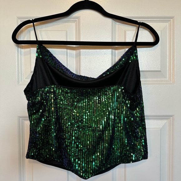 Women's Black Green Sequins Tank Top Glitter Sparkle Party Top - Picture 4 of 10
